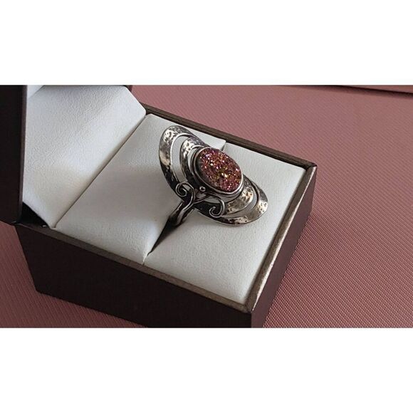 PZ Creations Israel Sterling Silver & Pink Druzy Gemstone Statement Ring Sz 8.25 - Picture 2 of 4